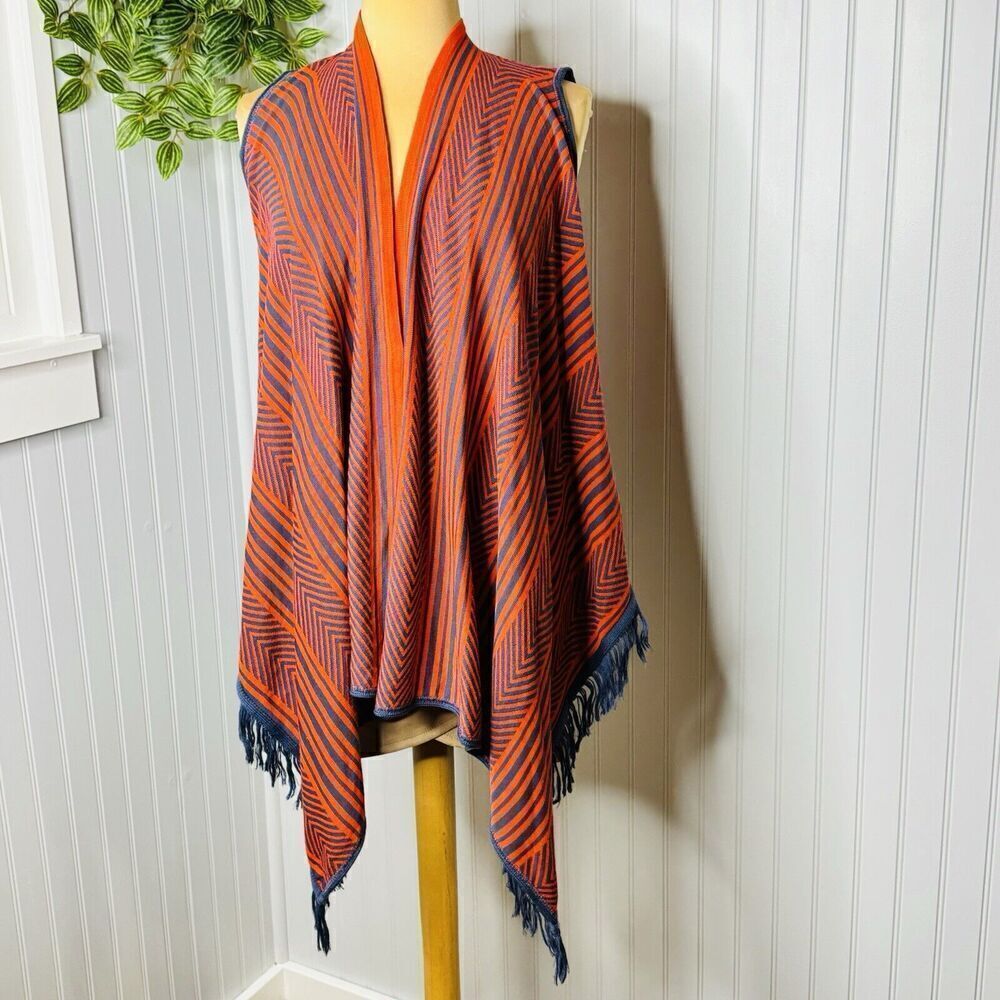 Say What? Sweater Womens Size L Red Blue Striped Fringe Hem Kimono Shawl NWT